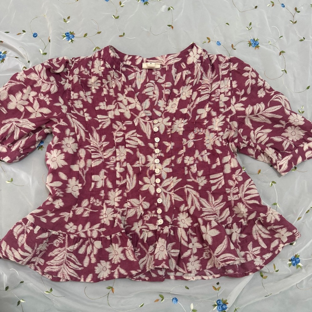 a.n.a Floral Button-Front Blouse in Berry and Cream